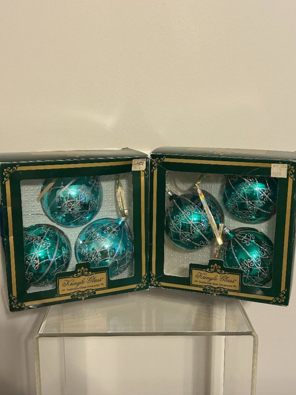 2 Boxes KURT ADLER Kringle Glass Teal Blue w/ Silver Christmas Holiday Ornaments